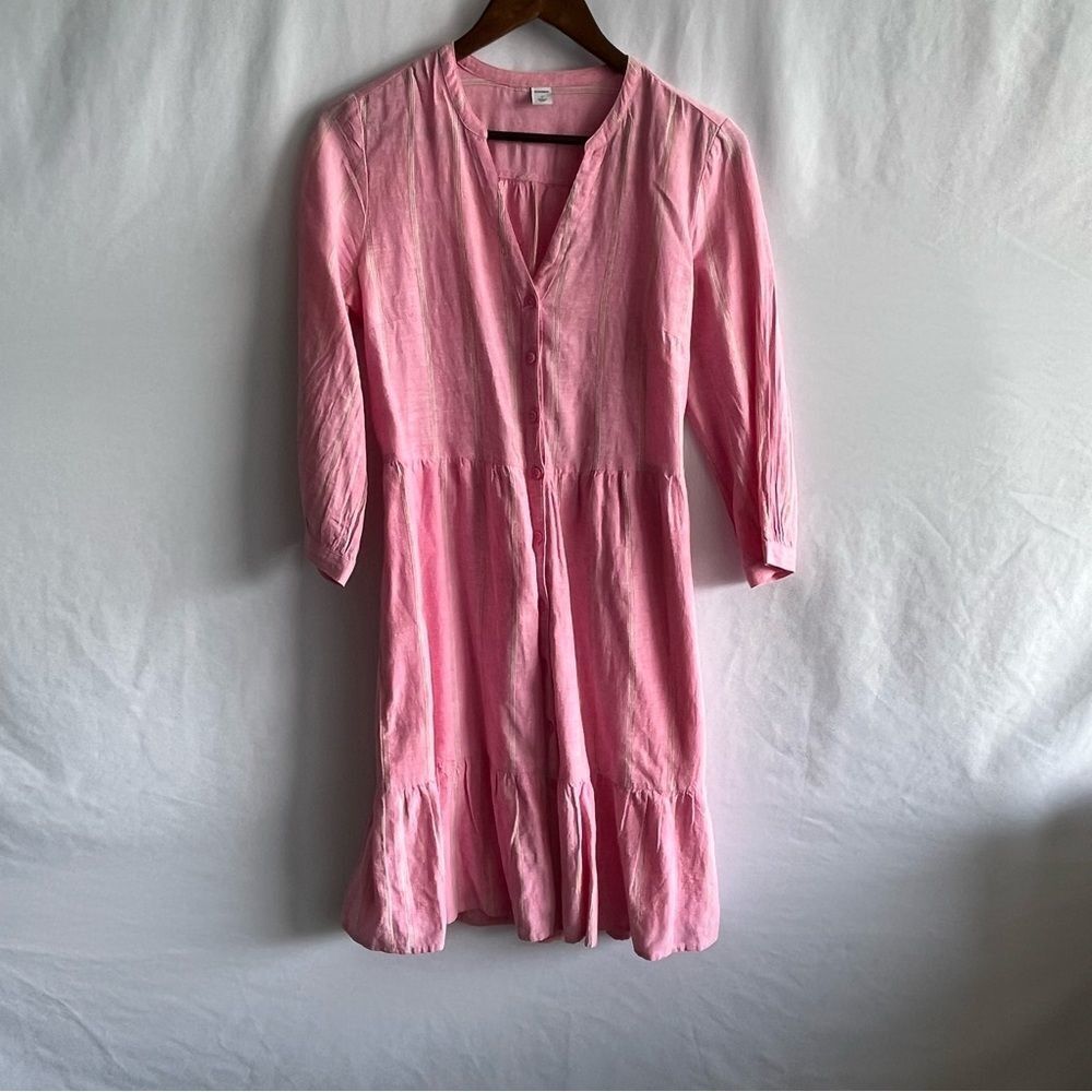 Old Navy Pink Striped Tiered 3/4 Sleeve Button Front Dress - Picture 2 of 9
